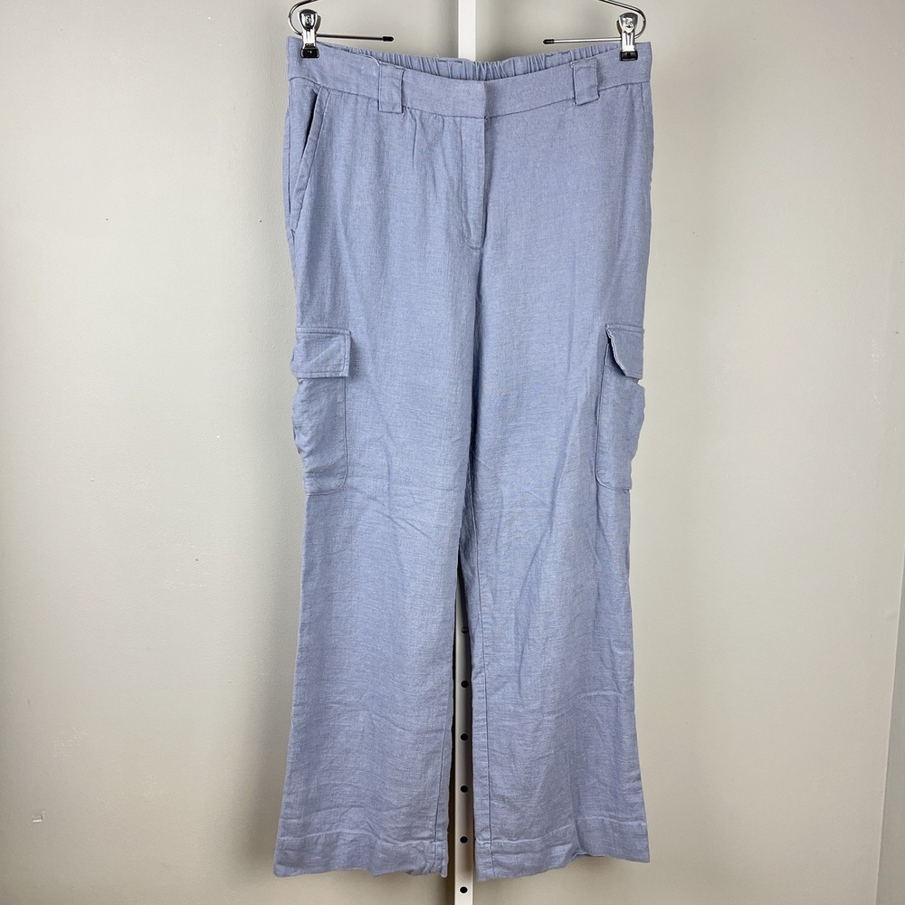 House of Harlow 1960 Blue Linen Blend Cargo Pants Womens 12‎ Wide Leg